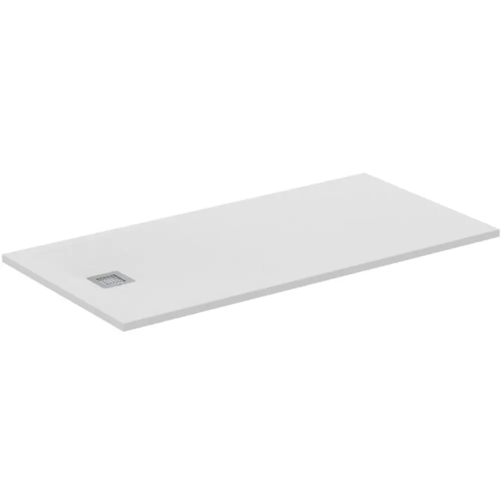 Weißer Duschboden von Ideal Standard mit quadratischem Ablauf, flache Ausführung und minimalistischen Design. Klaren Linien und einfacher Form.